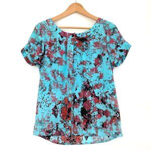 Kensie Womens Short Sleeve Floral Blouse Top Back Bow Size S Colorful Party